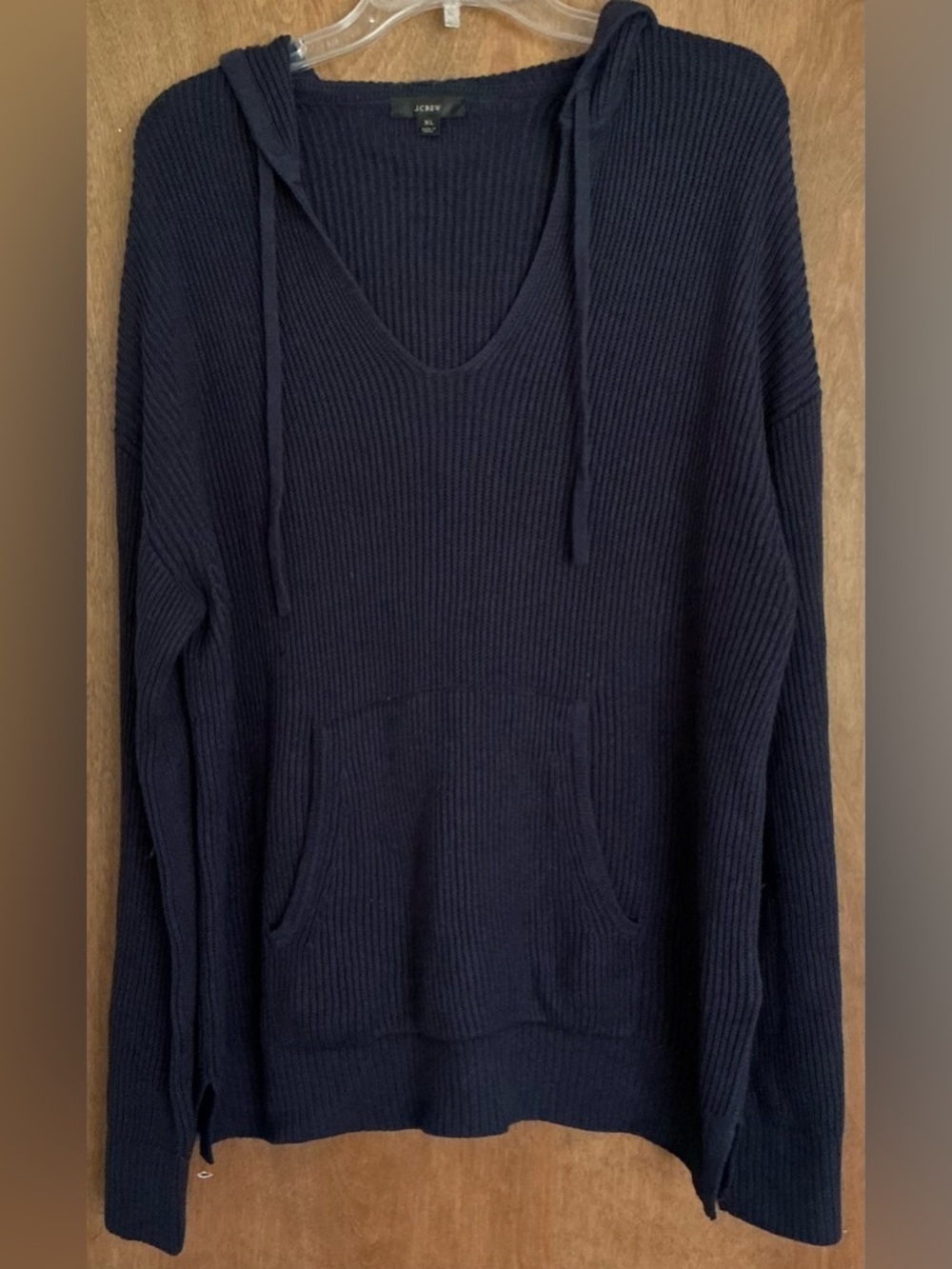 J. Crew Women XL Blue Cotton Cashmere Blend Ribbed Knit Hoodie Sweater Beach